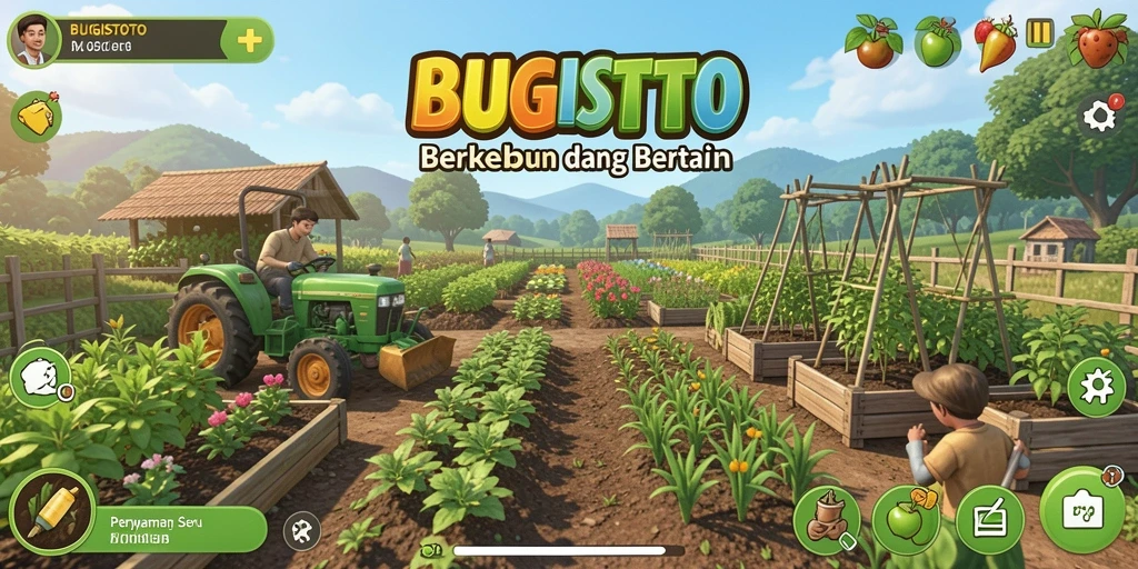 Screenshot permainan BUGISTOTO menampilkan kebun yang indah dan subur.