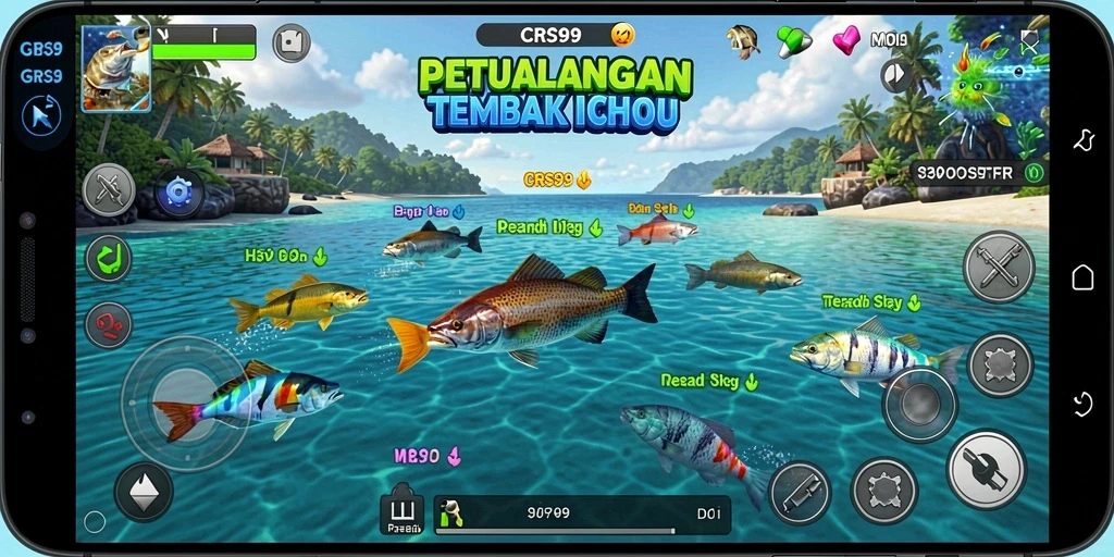 Gameplay CRS99 menampilkan aksi tembak ikan yang menarik dan penuh warna.