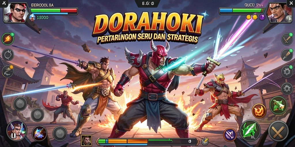 Tampilan gameplay DORAHOKI yang mendebarkan saat pertarungan berlangsung.