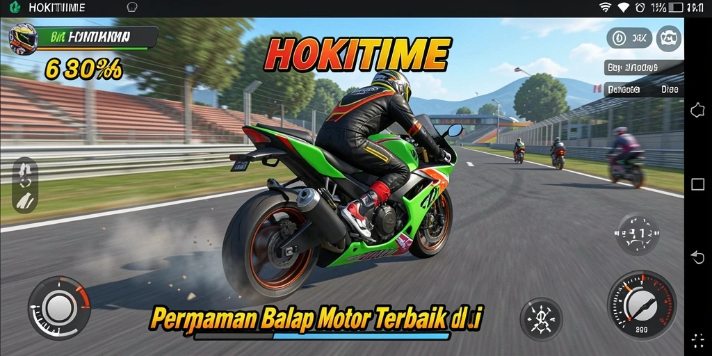 Tampilan gameplay seru HOKITIME dengan balapan cepat dan motor yang keren.