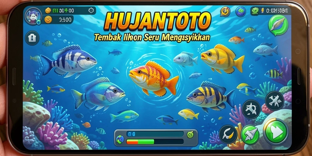 Gameplay HUJANTOTO dengan berbagai ikan berwarna-warni.
