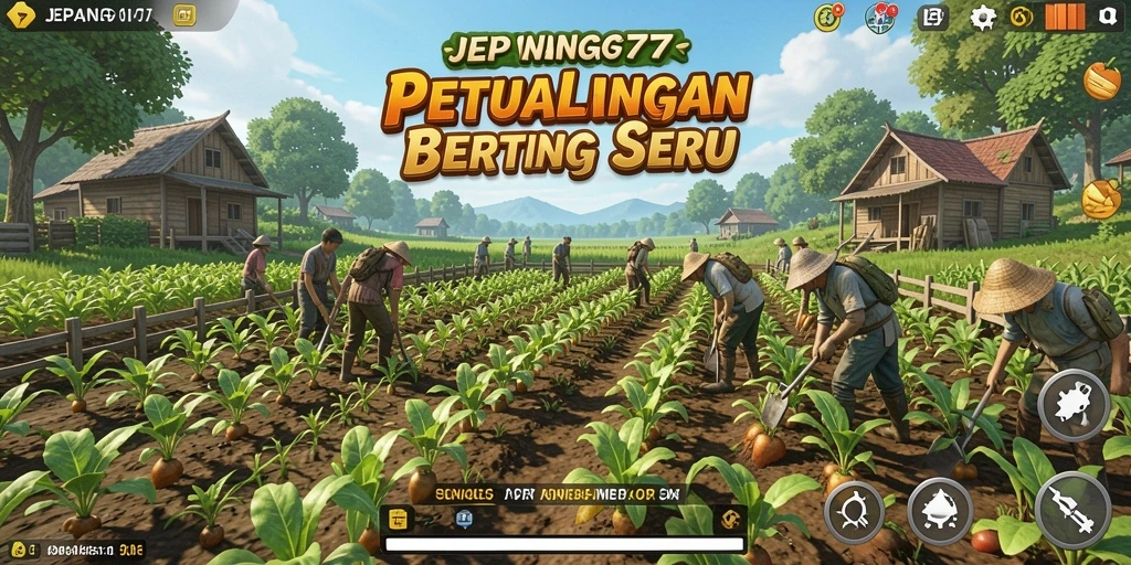 Screenshot utama menunjukkan pemain mengelola ladang dengan berbagai tanaman.