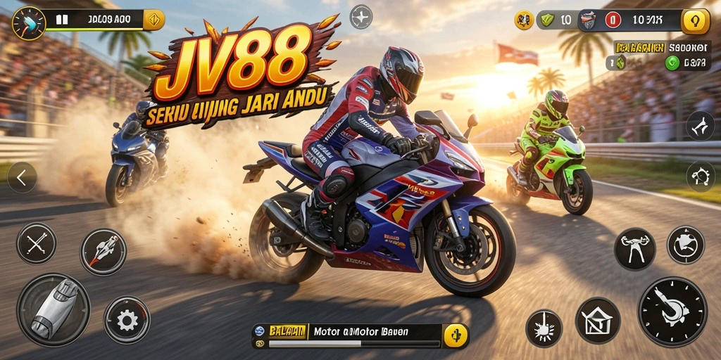Screenshot gameplay JV88 menampilkan balapan motor yang mendebarkan.
