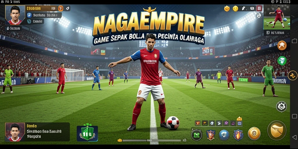 Tangkapan layar utama NAGAEMPIRE menampilkan aksi pertandingan sepak bola yang seru.