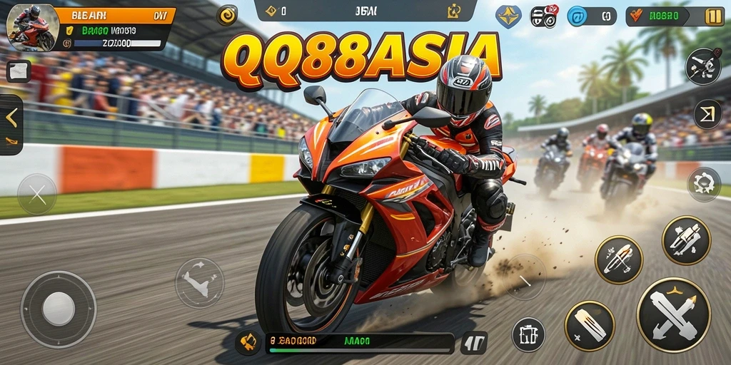 Tampilan gameplay mendebarkan di QQ88ASIA dengan motor balap yang cepat.