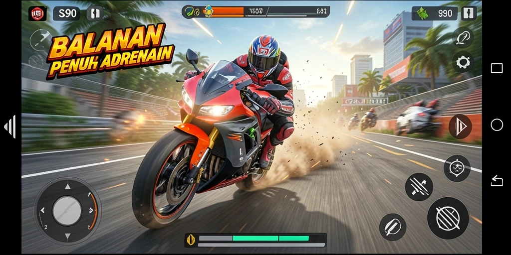 Screenshot gameplay S80 saat balapan motor di trek yang menantang.