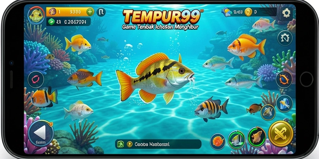 Screenshoot gameplay TEMPUR99 menunjukkan aksi menembak ikan yang mendebarkan.